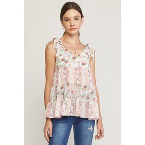 Entro Mixed Floral Print Tiered Top, Blush